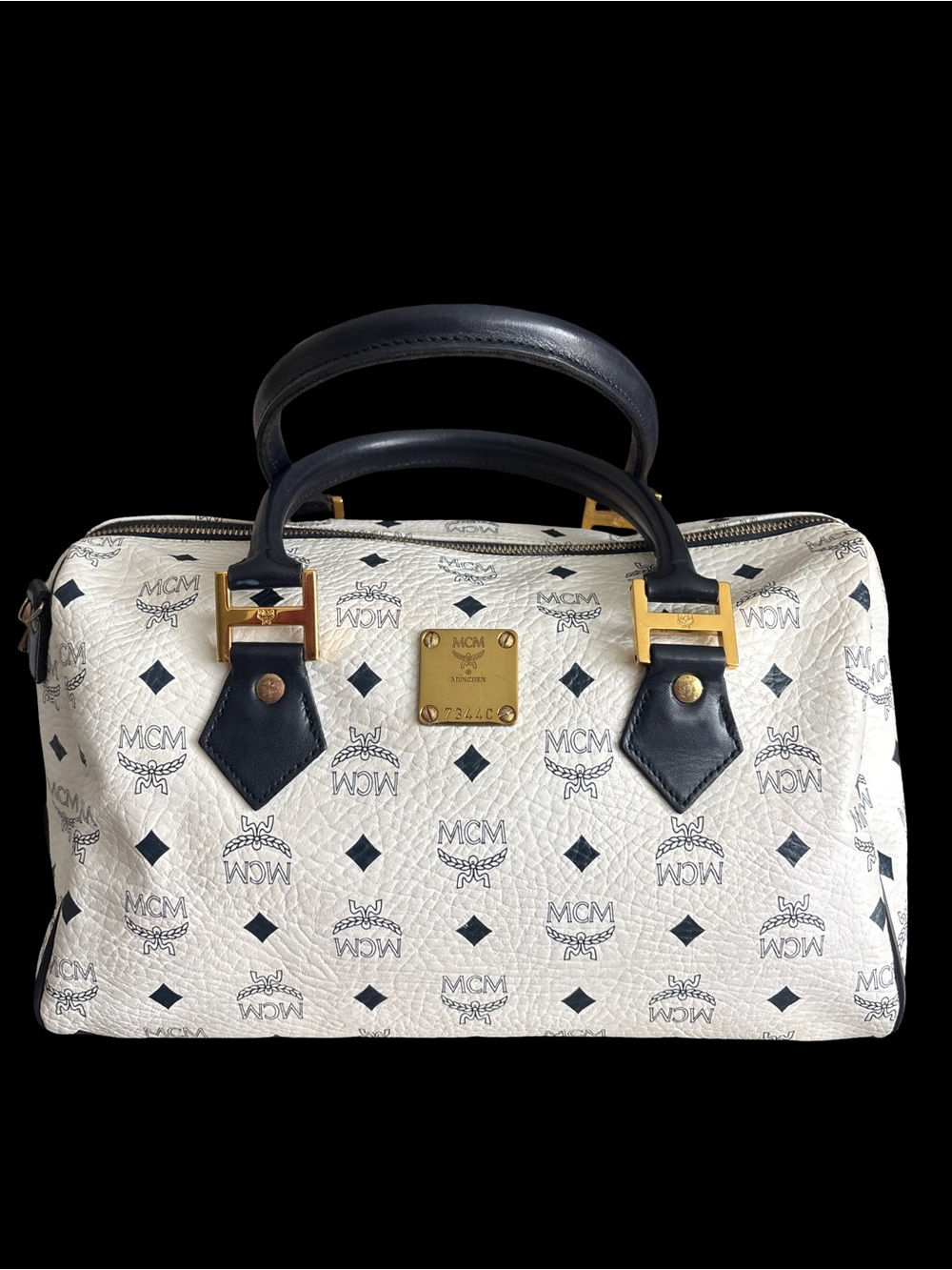 MCM White and Navy Logo Satchel with Gold Hardware-sz 30